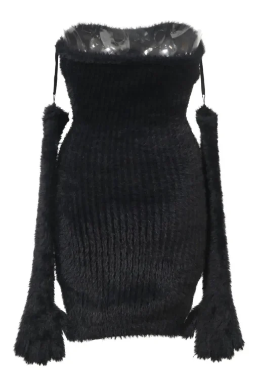 Black polyamide chenille shag knit fuzzy gloves strapless mini dress