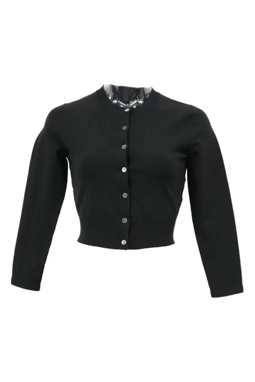 Black polyamide knit crewneck cropped cardigan