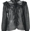 Black polyamide plumetis tulle high-collar button-front peek-a-boo ruffle blouse