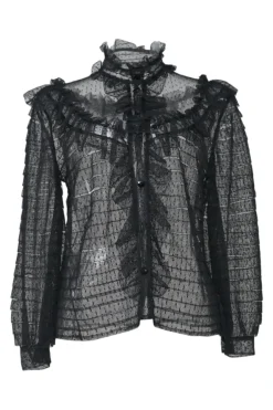 Black polyamide plumetis tulle high-collar button-front peek-a-boo ruffle blouse