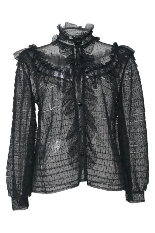 Black polyamide plumetis tulle high-collar button-front peek-a-boo ruffle blouse