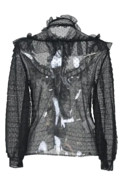 Black polyamide plumetis tulle high-collar button-front peek-a-boo ruffle blouse