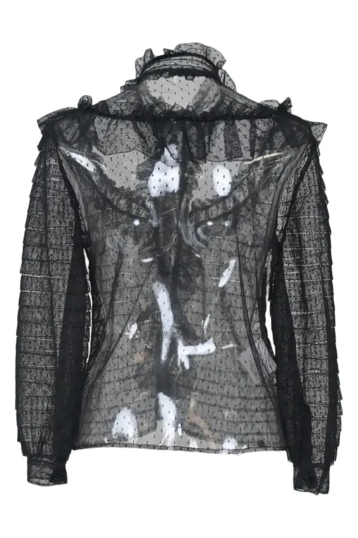 Black polyamide plumetis tulle high-collar button-front peek-a-boo ruffle blouse