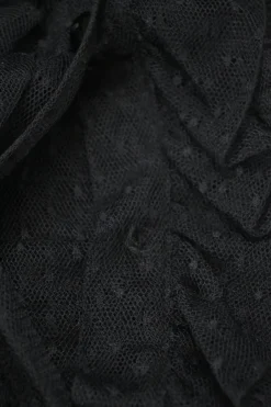Black polyamide plumetis tulle high-collar button-front peek-a-boo ruffle blouse