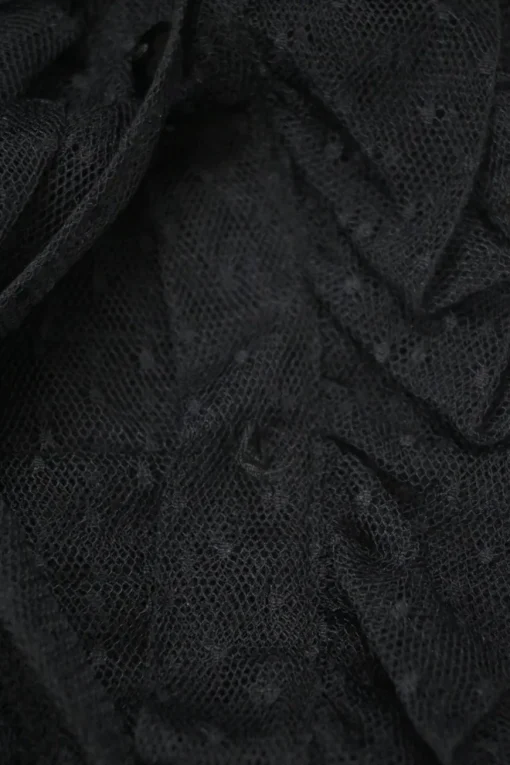 Black polyamide plumetis tulle high-collar button-front peek-a-boo ruffle blouse