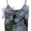 Black polyamide pullover fixed strap camisole with floral-embroidered organza appliqué details