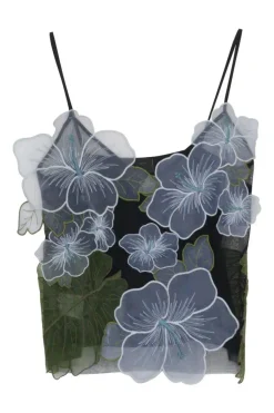 Black polyamide pullover fixed strap camisole with floral-embroidered organza appliqué details
