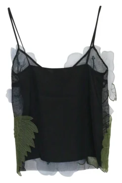 Black polyamide pullover fixed strap camisole with floral-embroidered organza appliqué details