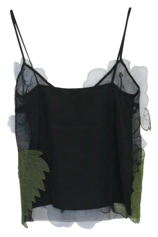 Black polyamide pullover fixed strap camisole with floral-embroidered organza appliqué details