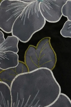 Black polyamide pullover fixed strap camisole with floral-embroidered organza appliqué details