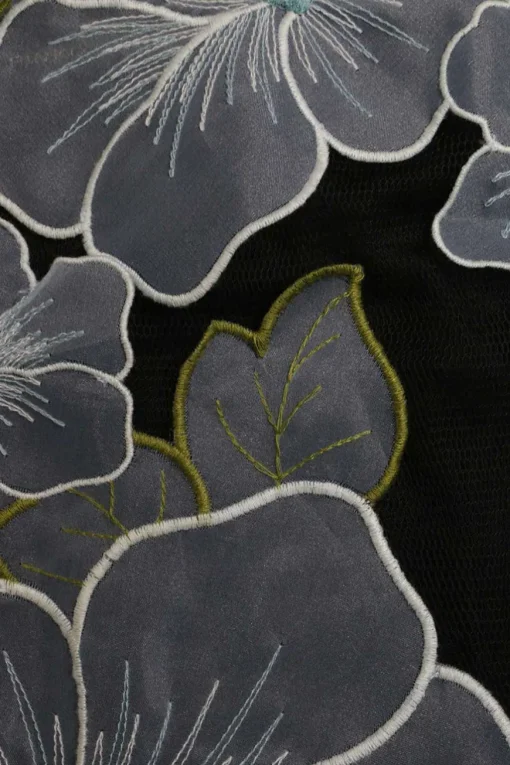 Black polyamide pullover fixed strap camisole with floral-embroidered organza appliqué details