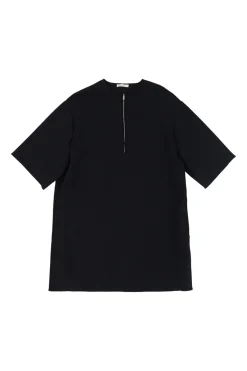 Black polyamide-blend crewneck pullover half-zip boxy t-shirt