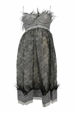 Black polyamide-blend feather-trimmed floral lace illusion bustier mini dress with fixed spaghetti straps