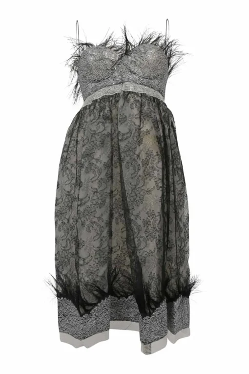 Black polyamide-blend feather-trimmed floral lace illusion bustier mini dress with fixed spaghetti straps