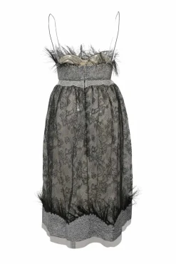 Black polyamide-blend feather-trimmed floral lace illusion bustier mini dress with fixed spaghetti straps
