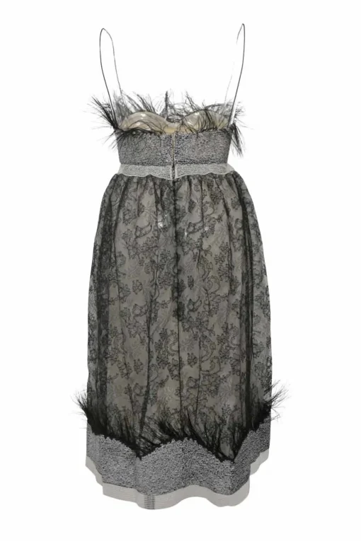 Black polyamide-blend feather-trimmed floral lace illusion bustier mini dress with fixed spaghetti straps