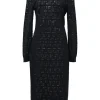 Black polyamide-blend FF warp knit mesh long sleeve peek-a-boo midi dress