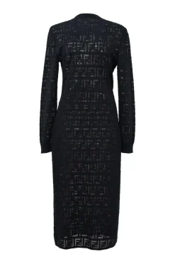 Black polyamide-blend FF warp knit mesh long sleeve peek-a-boo midi dress