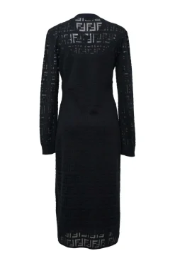 Black polyamide-blend FF warp knit mesh long sleeve peek-a-boo midi dress