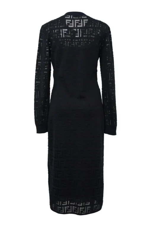 Black polyamide-blend FF warp knit mesh long sleeve peek-a-boo midi dress
