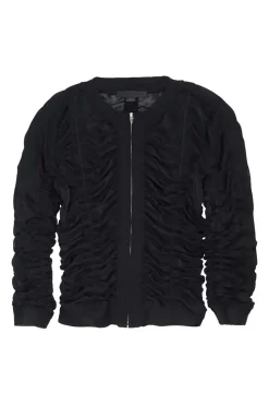 Black polyamide-blend jersey zip front ruched top