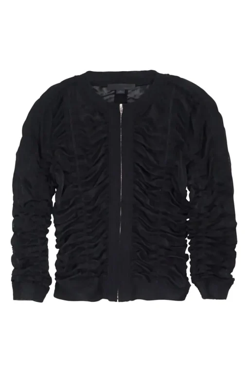 Black polyamide-blend jersey zip front ruched top