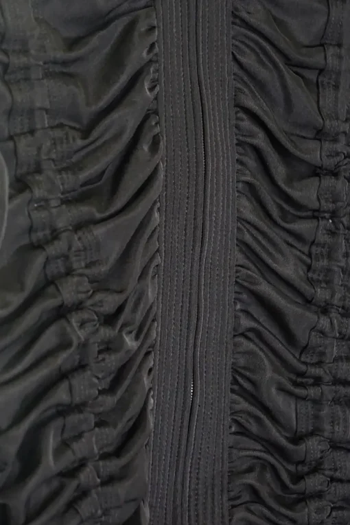 Black polyamide-blend jersey zip front ruched top