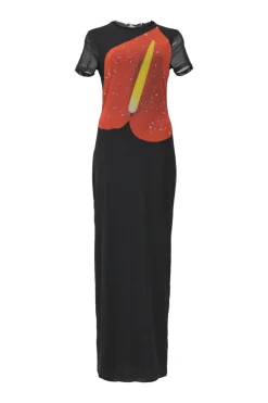 Black polyamide-blend mesh anthurium digi-print crewneck pullover short sleeve maxi dress