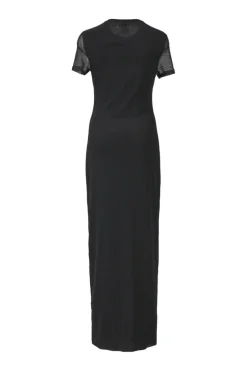 Black polyamide-blend mesh anthurium digi-print crewneck pullover short sleeve maxi dress