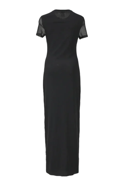 Black polyamide-blend mesh anthurium digi-print crewneck pullover short sleeve maxi dress