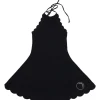 Black polyamide-blend Mott scalloped mini halter swim dress with adjustable self-tie fastening at nape