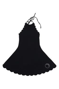 Black polyamide-blend Mott scalloped mini halter swim dress with adjustable self-tie fastening at nape