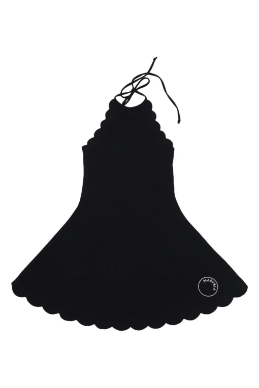 Black polyamide-blend Mott scalloped mini halter swim dress with adjustable self-tie fastening at nape