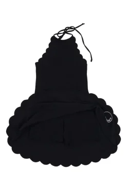 Black polyamide-blend Mott scalloped mini halter swim dress with adjustable self-tie fastening at nape