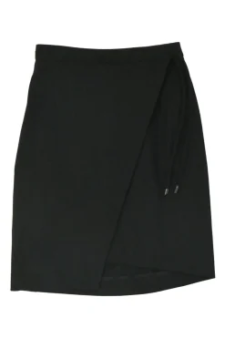 Black polyamide-blend pull-on wrap-effect apron-style knee-length skirt
