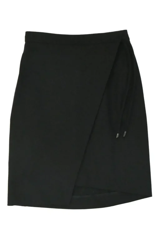 Black polyamide-blend pull-on wrap-effect apron-style knee-length skirt