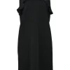 Black polyamide-blend sleeveless ruffle sheath with exposed metallic zip closure at centre back
