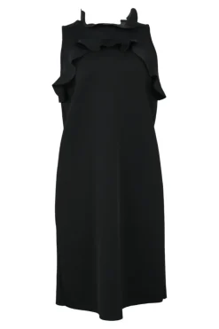 Black polyamide-blend sleeveless ruffle sheath with exposed metallic zip closure at centre back