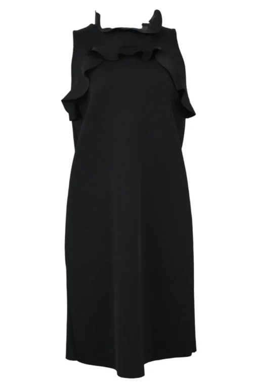 Black polyamide-blend sleeveless ruffle sheath with exposed metallic zip closure at centre back
