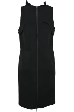 Black polyamide-blend sleeveless ruffle sheath with exposed metallic zip closure at centre back