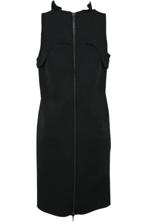 Black polyamide-blend sleeveless ruffle sheath with exposed metallic zip closure at centre back
