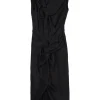 Black polyamide-blend twist interlock knit slit front sleeveless sheath dress with tucked back