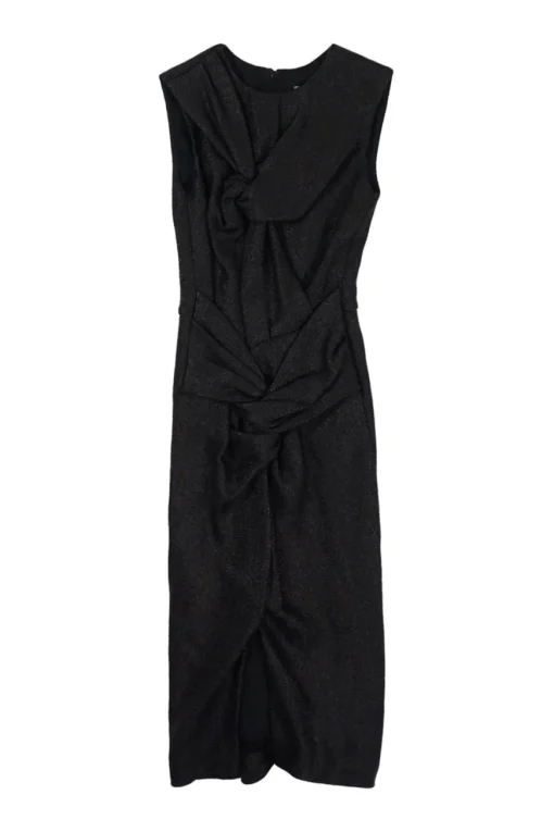 Black polyamide-blend twist interlock knit slit front sleeveless sheath dress with tucked back