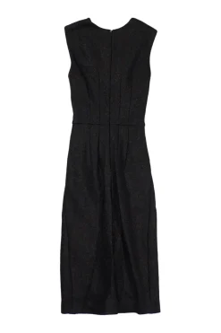 Black polyamide-blend twist interlock knit slit front sleeveless sheath dress with tucked back