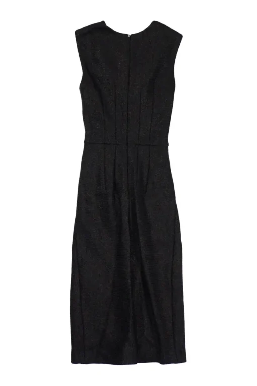 Black polyamide-blend twist interlock knit slit front sleeveless sheath dress with tucked back