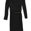 Black polyamide-blend wrap-effect polka dot blouson sheath dress with adjustable leather buckle belt
