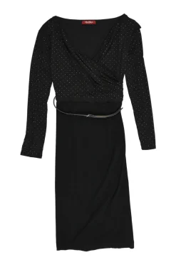 Black polyamide-blend wrap-effect polka dot blouson sheath dress with adjustable leather buckle belt