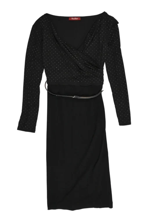 Black polyamide-blend wrap-effect polka dot blouson sheath dress with adjustable leather buckle belt