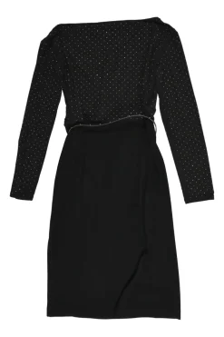 Black polyamide-blend wrap-effect polka dot blouson sheath dress with adjustable leather buckle belt