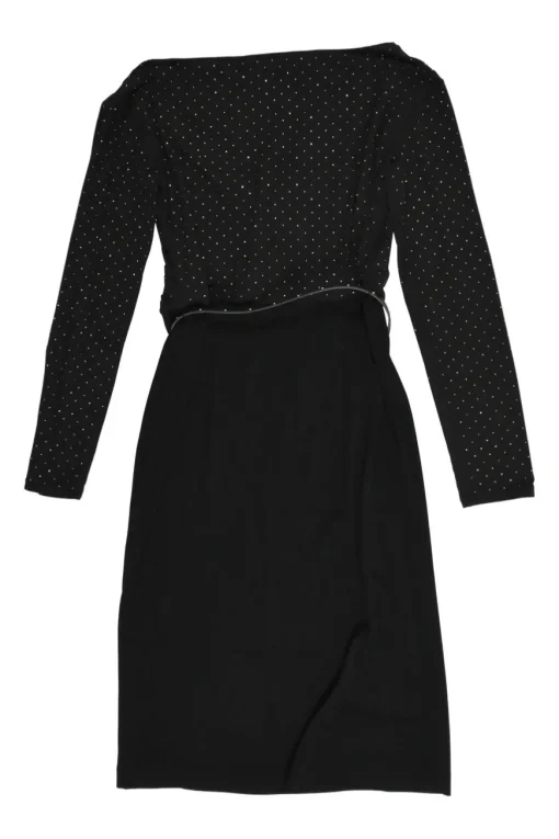 Black polyamide-blend wrap-effect polka dot blouson sheath dress with adjustable leather buckle belt